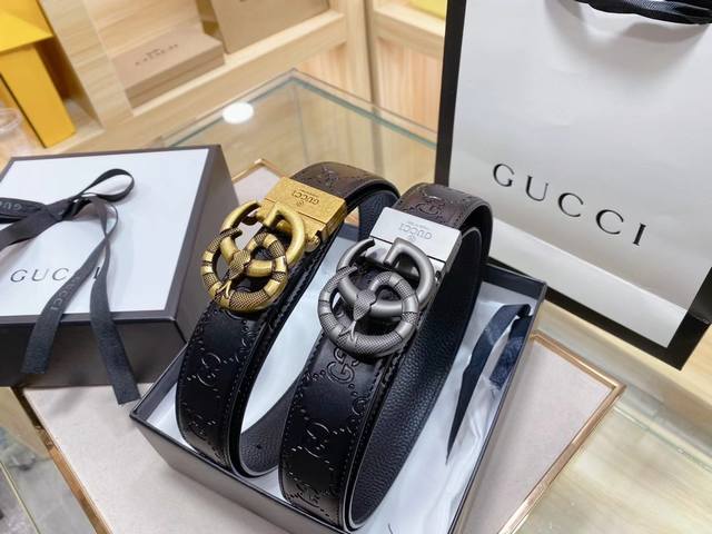 P140 古奇 独家定制款潮范爆棚高端来袭，满足你各种场合的需要。腰带采用牛皮带身，带宽3.4Cm。带头颜色随意搭配*高级精品高端大气送礼之佳品。实物拍摄 附带