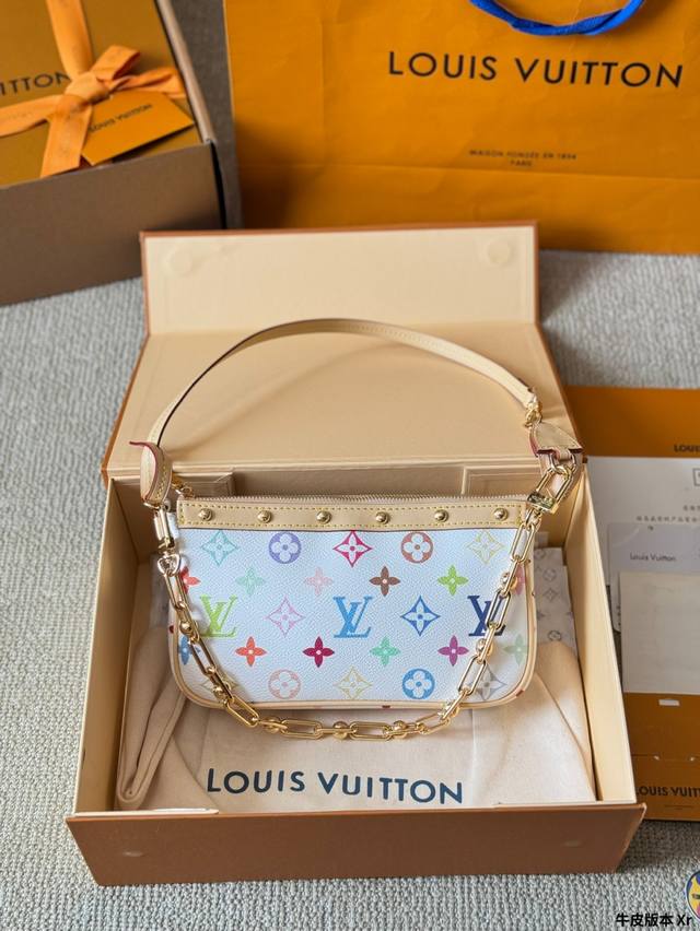 牛皮版本 P210 Lv村上隆联名款麻将包 2025早春走秀款 枕头包 Lv 路易威登 新款经典枕头包单肩斜挎女包 尺寸20 13Cm 折叠盒包装