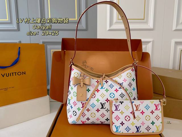 p280（折叠盒飞机盒） size:29×25 lv 路易威登新款村上隆白彩Carryall购物袋 带有蝴蝶结的腋下包，实用能装～ 子母包设计搭配小手袋，磁扣开