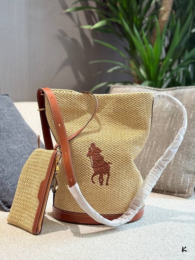 p290 拉夫劳伦拉菲草编织水桶包 配牛皮 专柜做工 代购级别23×40