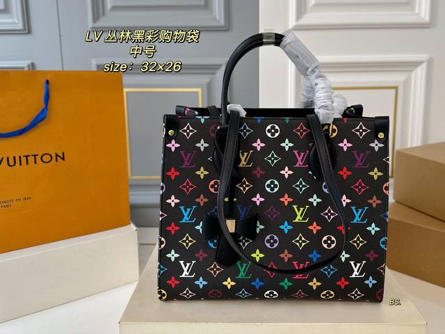 p150中号（无盒） size：32×26中号 lv路易威登 丛林Tote黑彩购物袋 黑彩老花设计，辨识度超高 特别的轻便耐用，不易变形！ 性价比之王，出差通勤