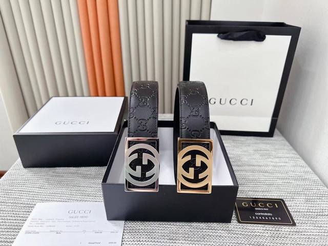 p200 古奇专柜新款 男士高端商务款 宽3.8Cm 双面纯牛皮、搭配顶级品质扣 顶级做工 原单品质 简约百搭成熟稳重。识货的入。送礼首选！