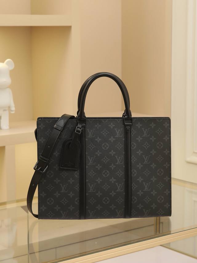 顶级原单变码芯片版 M45265黑花 独家背景 Sac Plat Horizontal Zippé 公文包取材 Monogram Eclipse 帆布和皮革，字