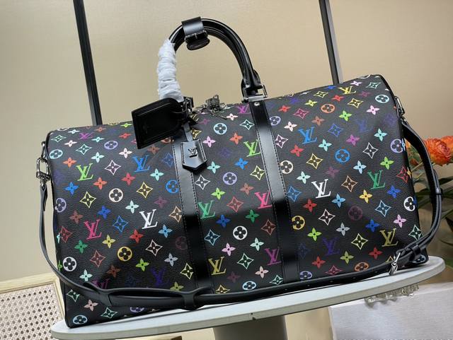 顶级原单复刻独家实拍 Lv X Tm Keepall BandoulièRe 50 旅行袋 M13745 黑彩 村上隆 本款 Keepall Bandouliè