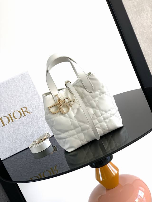 这款 Dior Toujours 竖版手袋时尚实用，别具一格。采用白色牛皮革精心制作，饰以超大藤格纹缉面线，宽敞的内部隔层可收纳各种日常用品。设有纤细皮革系带开