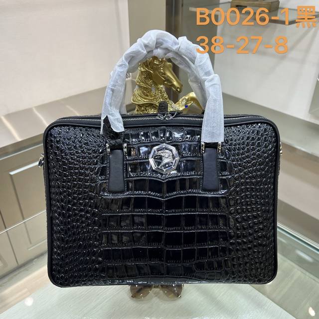 Stefano Ricci- B0026-1史蒂芬 专柜最新款男士公文包双拉款 采用进口小牛皮压鳄鱼纹 皮质柔软 纹路清晰可见 手感超赞 高贵五金 时尚鹰头金标