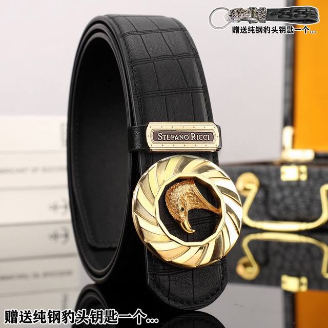 赠送如图纯钢钥匙扣一个 批 配全套木盒 品牌：Stefano Ricci 扣头材质：精品纯钢镶钻扣 带身材质正面：38Mm宽真正鹿皮支持验货纹理溜滑皮质柔软，真
