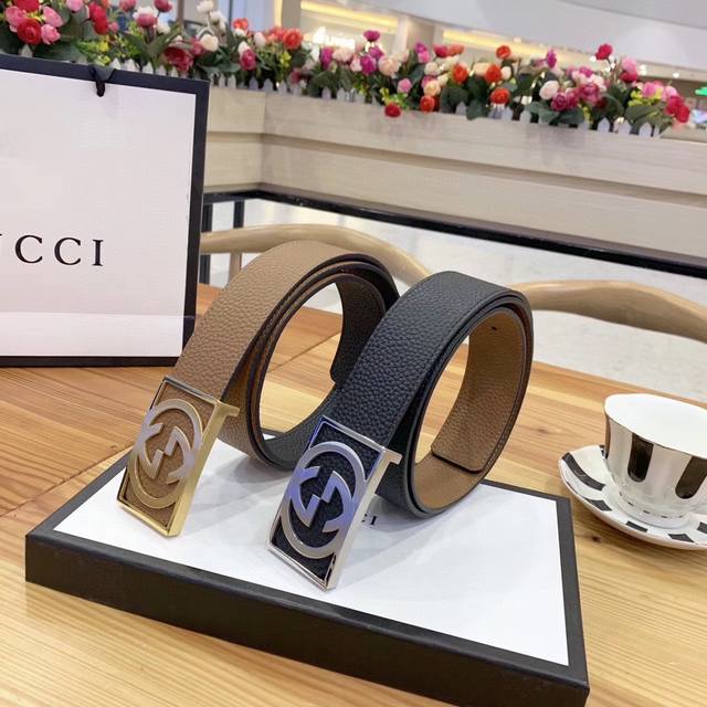 原单Gucci古奇 专柜在售爆款 头层进口小牛皮 带身宽度3.8厘米 双面可用 一条顶两条 黑色与土黄色 意大利品牌 融入当今流行风范 时尚不失高雅