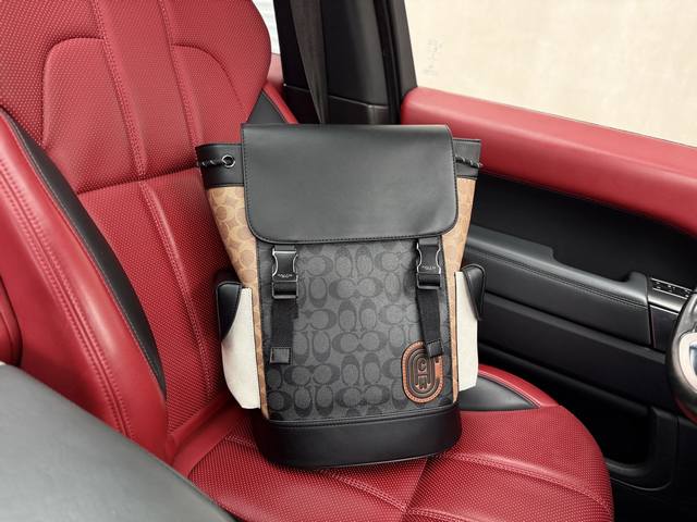 高端货 新款 “ Coach ”蔻驰双肩包 Coach蔻驰双肩包 Rivington 28 老花拼色 帆布拼小牛皮 旅行包书包背包双肩包 大号 男款 炭黑色拼棕