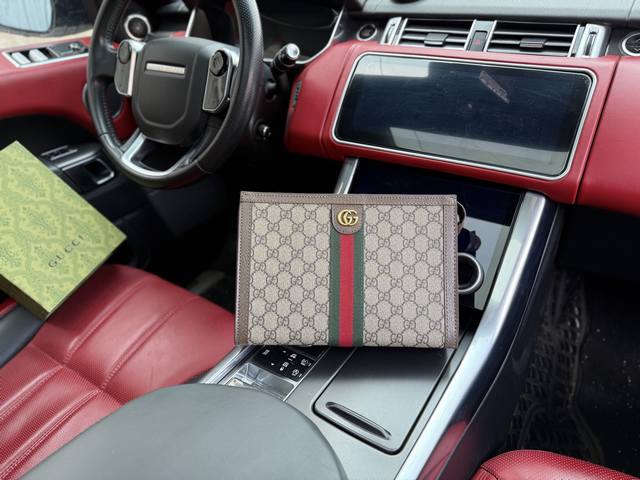 高端货 新款 “ Gucci ”古奇手拿包 Gucci古驰手抓包 Gucci古驰 Ophidia 老花Logo双G 帆布拼皮革 帆布包手拿包 男女款 乌木色 棕