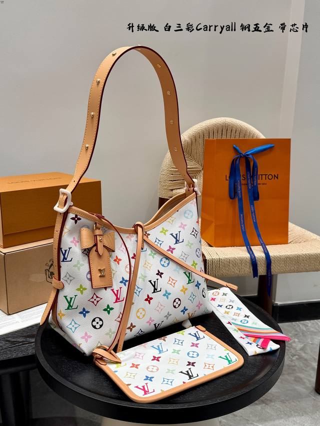 全套礼盒包装 原版丝巾！钢五金！变码芯片 Lv 白三彩Carryall托特包Tote购物袋 村上隆联名白彩 经典老花 系列 精致美丽 高级优雅 很好驾驭，不挑衣