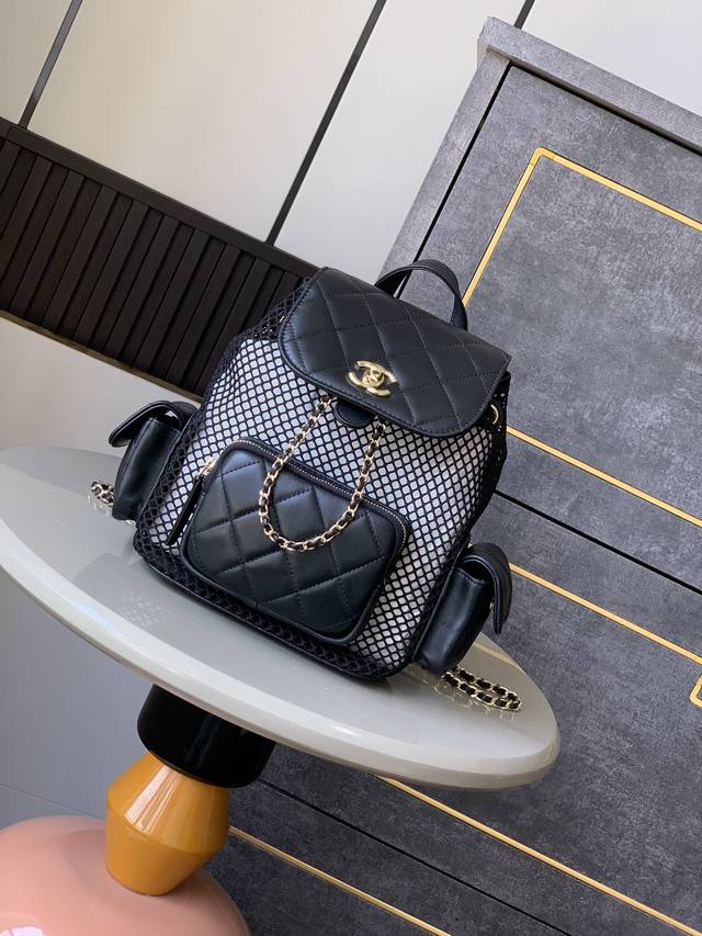 香奈儿Chanel 1：1对标专柜顶级 意大利进口Gr原厂小羊皮 Chane1 25S 镂空网纱双肩包 尺寸:25*23*13Cm 款号：As5484 p： 配
