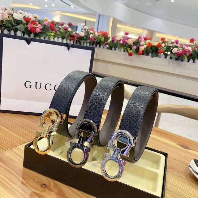 菲拉格慕 Salvatore Ferragamo 意大利 宽度3.5Cm 精美扣头 不褪色 原版意大利双面进口小牛皮 手感极佳 上身郊果棒 商务休闲两用