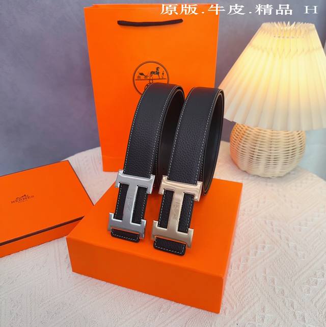 原版品质打孔 品牌：爱马H家 男款 颜色：黑 扣头：金 银 黑 扣头：原版精品纯铜五金扣头 带身：原版牛皮 尺寸：宽约：3.8Cm 长约：95Cm-125Cm