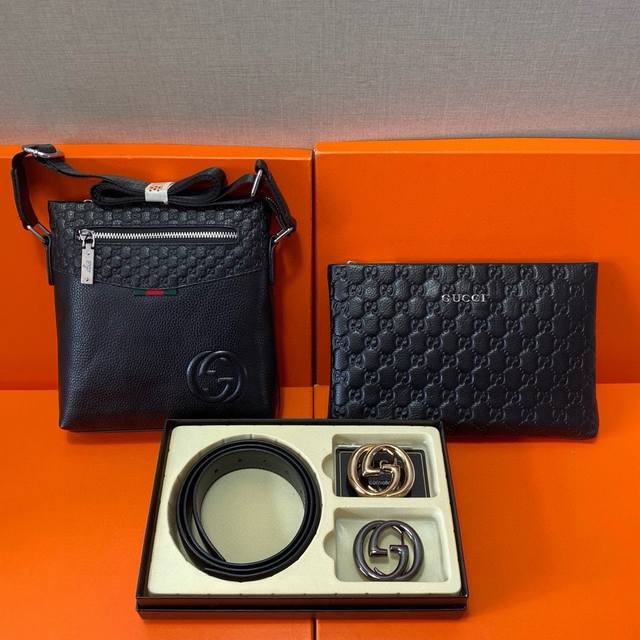 古驰Gucci 头层皮质组合礼盒包装腰带俩款包包超级组合 公文包包是很实用的选择。手提包日常是非常适合的。 双扣皮带：头层皮质带身搭配3.8Cm广州原版扣头 尺