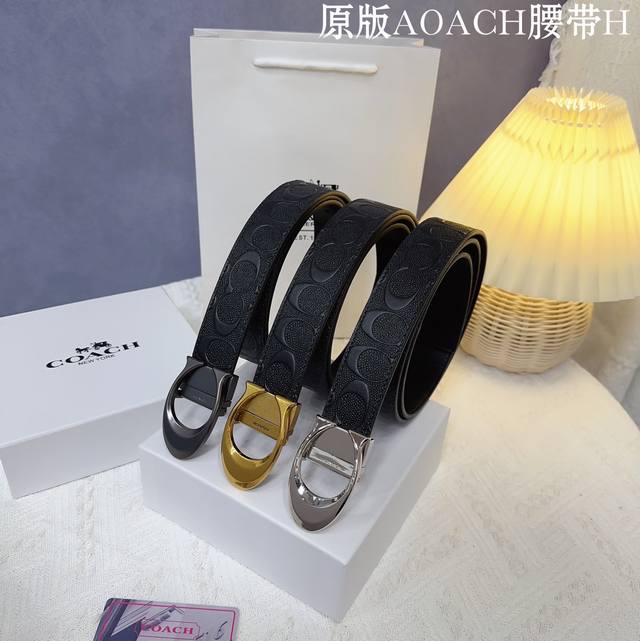 原版品质打孔 品牌：蔻驰C家 男款 颜色：黑 扣头：金 银 枪 扣头：原版精品纯铜五金扣头 带身：原版牛皮 尺寸：宽约：3.5Cm 长约：95Cm-125Cm