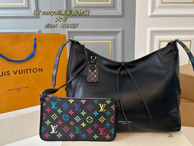 大号 折叠盒 Size:40×27 Lv 路易威登新款Carryall黑彩购物袋 Lv新出的全黑色Dark Cargo Carryall空间超级Ok～ 皮质超有