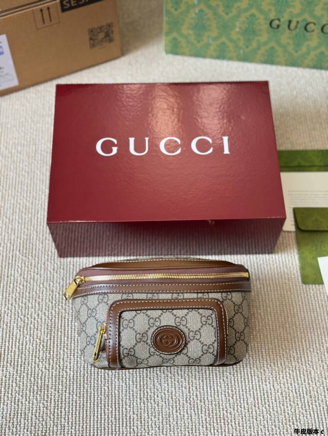 牛皮版本 原单 Gucci 胸包 腰包今年最火的一款 印花 真是让人眼前一亮 最新同款腰包 胸包 特别有范的一款潮包 经典彩红肩带 超级百搭洋气 全套包装 尺寸