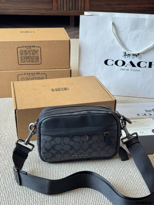 牛皮版本 Coach Track 蔻驰男士相机包 拉链款马车花纹胸包斜挎包单肩包 24 15Cm