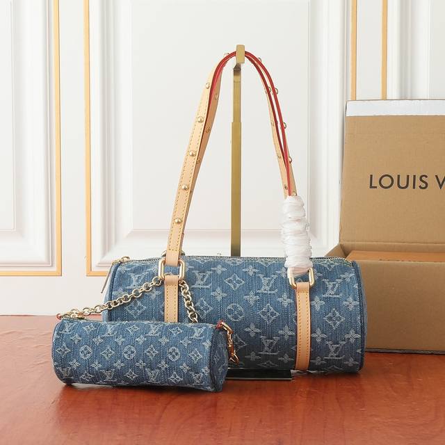 m46830蓝色丹宁牛仔 圆筒包圆鼓包系列 Papillon Denim Bleu 子母手袋 本款 Papillon 手袋取材多重工艺制成的 Monogram