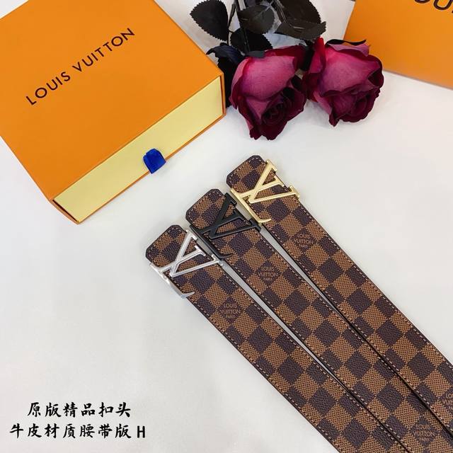 原版品质打孔 品牌：路易L家 男款 颜色：咖 扣头：金 银 黑 扣头：原版精品纯铜五金扣头 带身：原版牛皮 尺寸：宽约：3.8Cm 长约：95Cm-125Cm