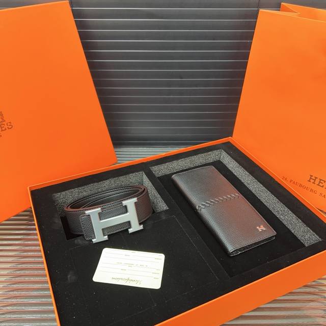 hermèS 爱马仕 二合一套盒 腰带 西服夹钱包 男士精品百搭款 优质合金扣头 高品质 全套包装 礼盒