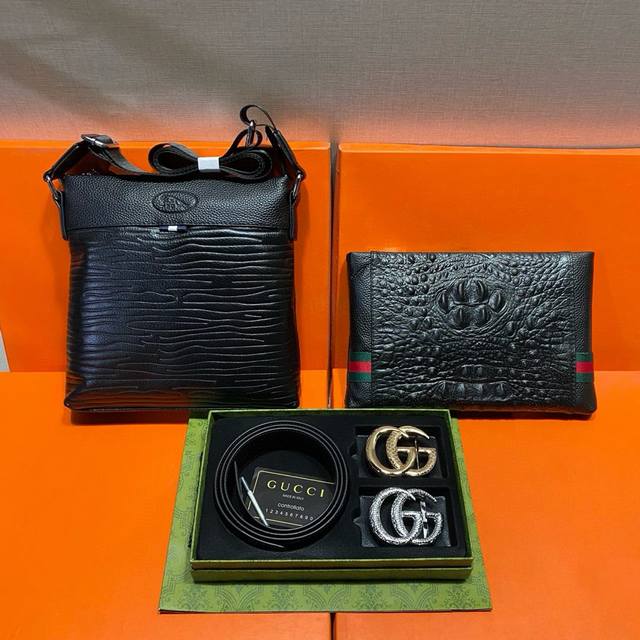 古驰Gucci 头层皮质组合礼盒包装腰带俩款包包超级组合 公文包包是很实用的选择。手提包日常是非常适合的。 双扣皮带：头层皮质带身搭配3.8Cm广州原版扣头 尺