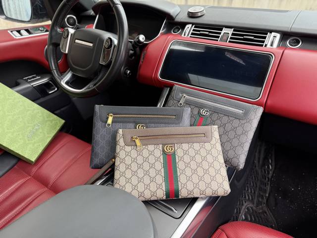 高端货 新款 “ Gucci ”古奇手拿包 Gucci古驰手抓包 Gucci古驰 Ophidia 老花Logo双G 帆布拼皮革 帆布包手拿包 男款 商务休闲 高