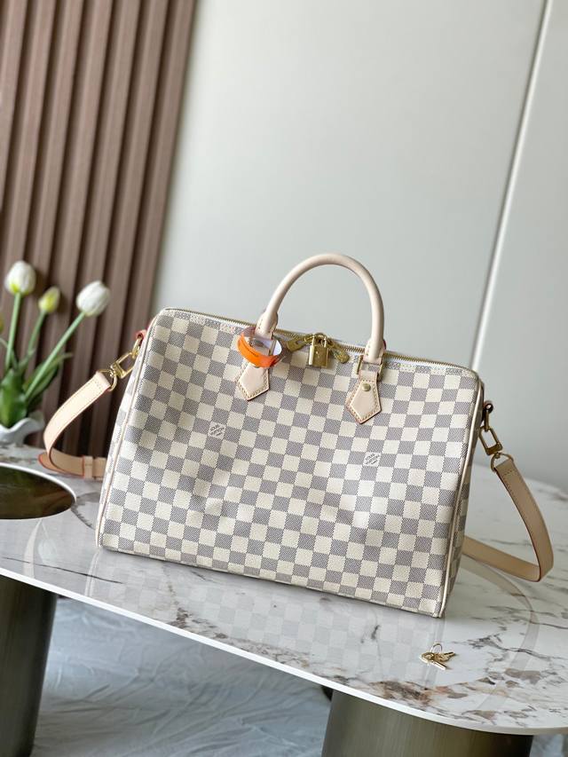 海原外单 独实家拍 半钢五金163C01芯片 型号41111白格 Speedy 35 手袋 以 Damier EbèNe 帆布制造的 Speedy 35 手袋造