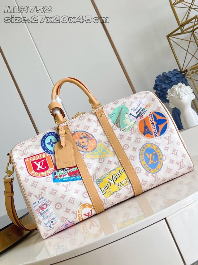 出厂价p 顶级原单 M14736 本款 Keepall Bandouli Re 45 旅行袋为 Monogram Dune织物浸染柔和色调 再以路易威登旅行贴纸