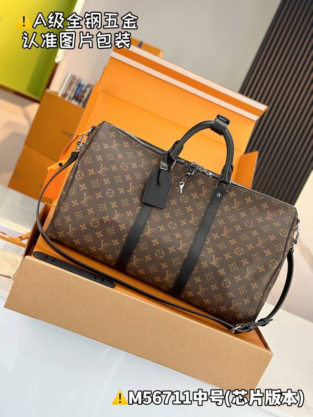 全钢M56711老花配黑皮中号 芯片版 配全套专柜包装 keepall Bandouli Re 50 旅行袋 keepall 50旅行袋 由全新标志性黑灰Mon