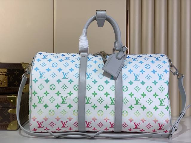 顶级原厂 Keepall Bandouli Re 45 M13915 41418 彩色 渐变 旅行袋取材 Monogram Eclipse Reverse 帆布