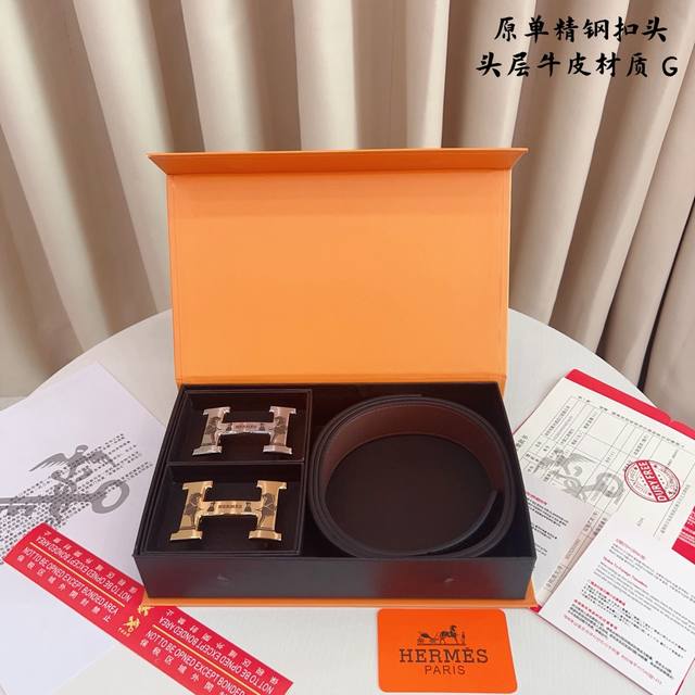 带 扣 带 扣 原单钢扣版爱马H家 打孔内穿 正版开模 此款腰带双面采用原厂牛皮带身 精密电镀标志性纯钢搭扣 对版专柜 3.8Cm 如需木盒40