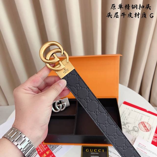 带 扣 带 扣 原单钢扣版古奇G家 打孔挂扣 正版开模 此款腰带双面采用原厂牛皮带身 精密电镀标志性纯钢搭扣 对版专柜 3.5Cm 如需木盒40