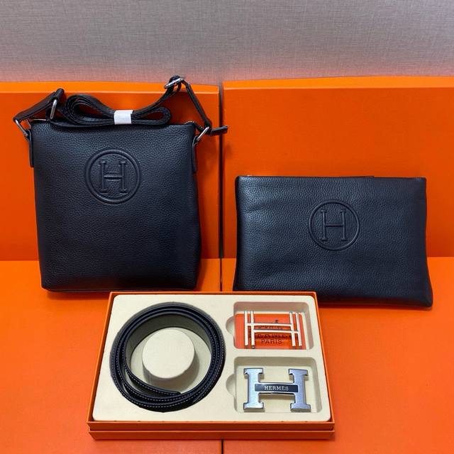 爱马仕Herm S 头层皮质组合礼盒包装腰带俩款包包超级组合 公文包包是很实用的选择 手提包日常是非常适合的 双扣皮带 头层皮质带身搭配3.8Cm广州原版扣头
