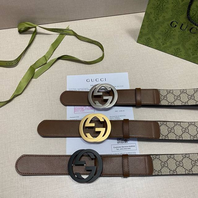 gucci乌木色双G帆布皮带 宽度40Mm