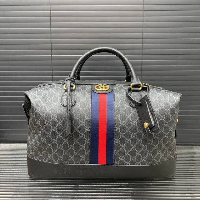 Gucci 古奇 Savoy 双G标志经典条纹印花 Supreme帆布拼皮革饰边 手提包旅行包 机场包 超大容积 实物拍摄 配送防尘袋 43 X 35 Cm