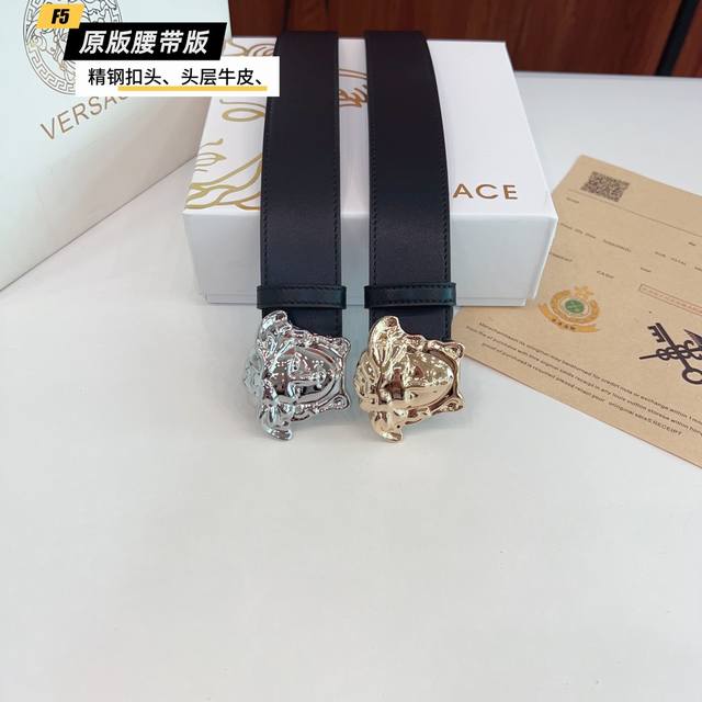 原版品质打孔 品牌 范思哲家 男款 颜色 黑 扣头 金 银 扣头 原版精品纯铜五金扣头 带身 原版牛皮 尺寸 宽约 3.8Cm 长约 95Cm-125Cm 类别