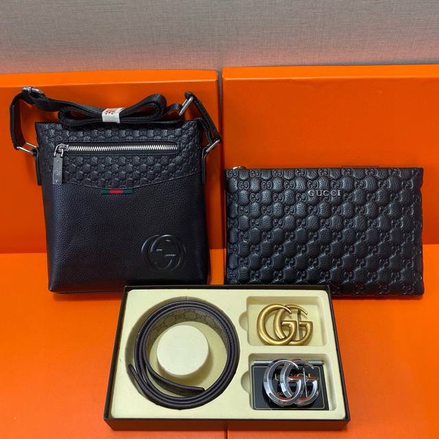 古驰Gucci 头层皮质组合礼盒包装腰带俩款包包超级组合 公文包包是很实用的选择 手提包日常是非常适合的 双扣皮带 头层皮质带身搭配3.8Cm广州原版扣头 尺寸