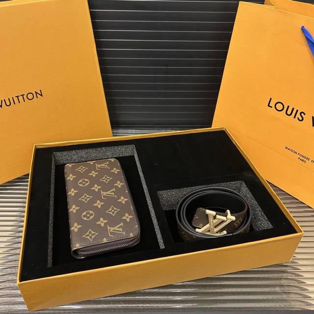 Louisvuitton 路易威登 二合一套盒 腰带 拉链钱包 男士精品百搭款 优质合金扣头 高品质 全套包装 礼盒