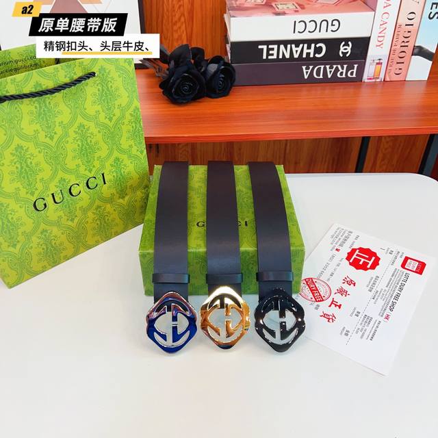 Gucc古奇G家 原单新品 带身采用雙面意大利進口原廠牛皮纹 非市场普通版本 黑色经典配色 百搭适合各种场合 扣头精品设计注意细节 宽度3.8Cm