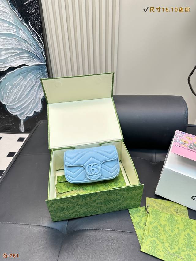 迷你尺寸16.10 小号尺寸21.13 大号尺寸25.15 配全套礼盒包装 gucci酷奇 Ggmarmont马蒙链条包马卡龙系列 超纤皮绗缝V形工艺 陶瓷饰面