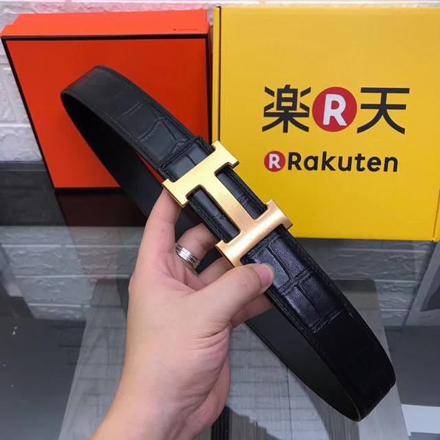 Hermes 爱马仕 高清实拍 男士3.8㎝宽 高端腰带 头层花纹鳄鱼皮纹 扣头316纯钢扣 真空电镀不褪色
