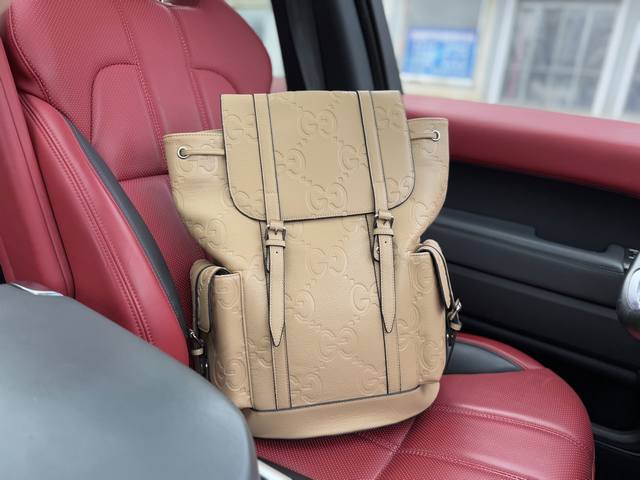 高端货 新款 “ Gucci ”古奇双肩包Gucci古驰双肩包男士 旅行双肩包 Gucci古驰 老花Logo压纹大容量 皮革 背包双肩包 男款 灰褐色 老花Lo