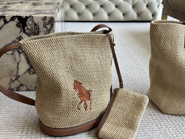 拉夫劳伦拉菲草编织水桶包 配牛皮 专柜做工 代购级别23×40