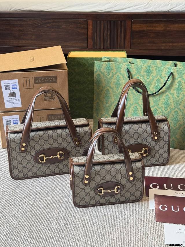 牛皮版本 Gucci古驰 1955 Horsebit 马街扣盒子包 Gucci古驰 1955 Horsebit 马街扣复古金扣老花 Logo帆布拼皮 盒子包单肩