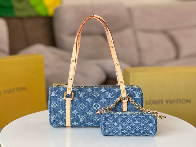 全钢五金原厂皮型号：M46830丹宁牛仔子母包顶级原单 本款 Papillon 手袋取材多重工艺制成的 Monogram Denim 帆布，与同款手袋的微缩版本