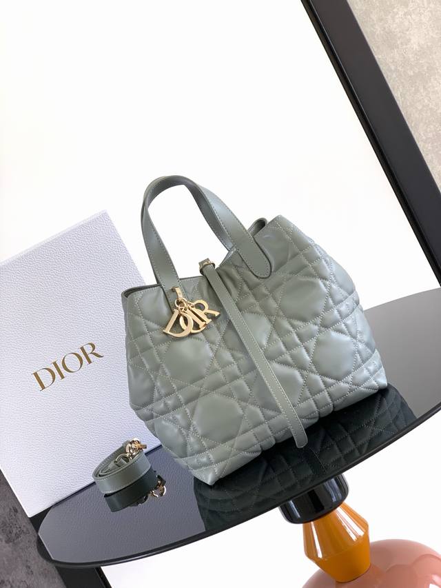这款 Dior Toujours 竖版手袋时尚实用，别具一格。采用灰色牛皮革精心制作，饰以超大藤格纹缉面线，宽敞的内部隔层可收纳各种日常用品。设有纤细皮革系带开