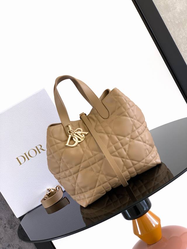 这款 Dior Toujours 竖版手袋时尚实用，别具一格。采用棕色牛皮革精心制作，饰以超大藤格纹缉面线，宽敞的内部隔层可收纳各种日常用品。设有纤细皮革系带开