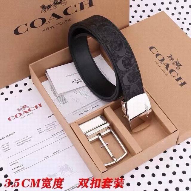 一条带两个扣 礼物原单货 [飞吻]Coach 蔻驰皮带 双面男士腰带双扣礼盒装皮带， 双面都可以用， 精致原版扣，宽度3.5Cm私密渠道！专柜原单。